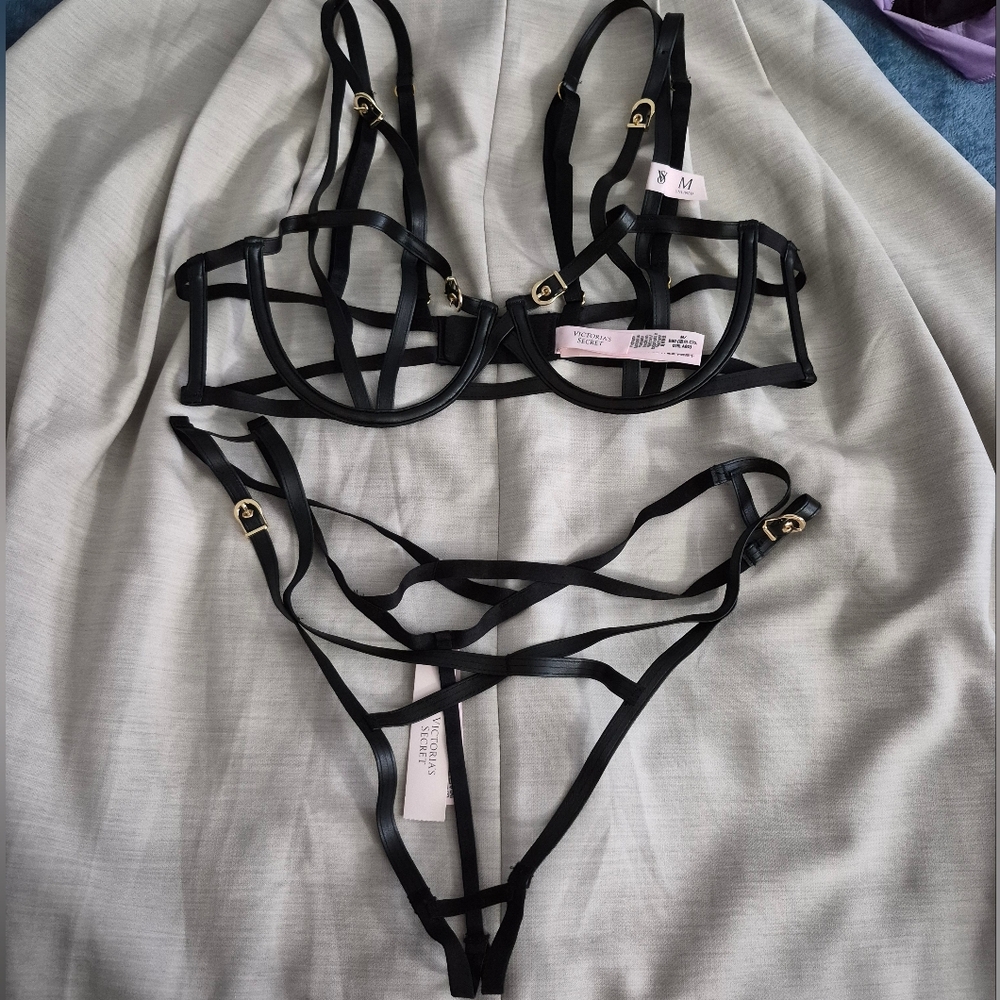 Strappy Cage Bra & Thong Set - Black